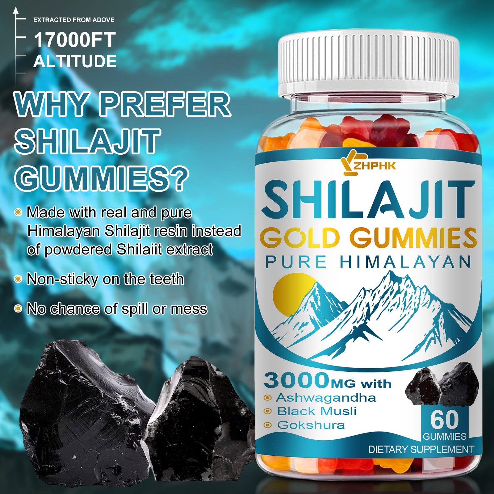 Pure Himalayan Shilajit Gold Gummies 3000mg With Ashwagandha Gokshura