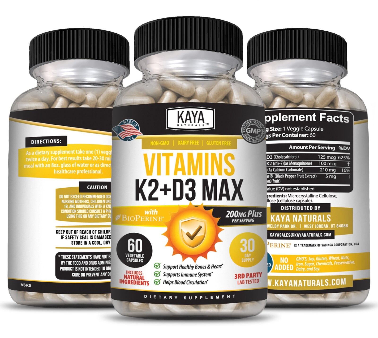 Vitamin K2 (MK7) with D3 5000 IU Supplement, BioPerine Capsules, Immune Health