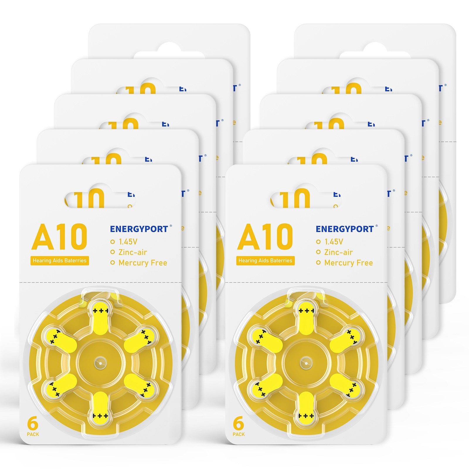 60Count Hearing Aid Batteries Size 10 A10 1.45V Zinc-Air Yellow Tab Mercury-Free