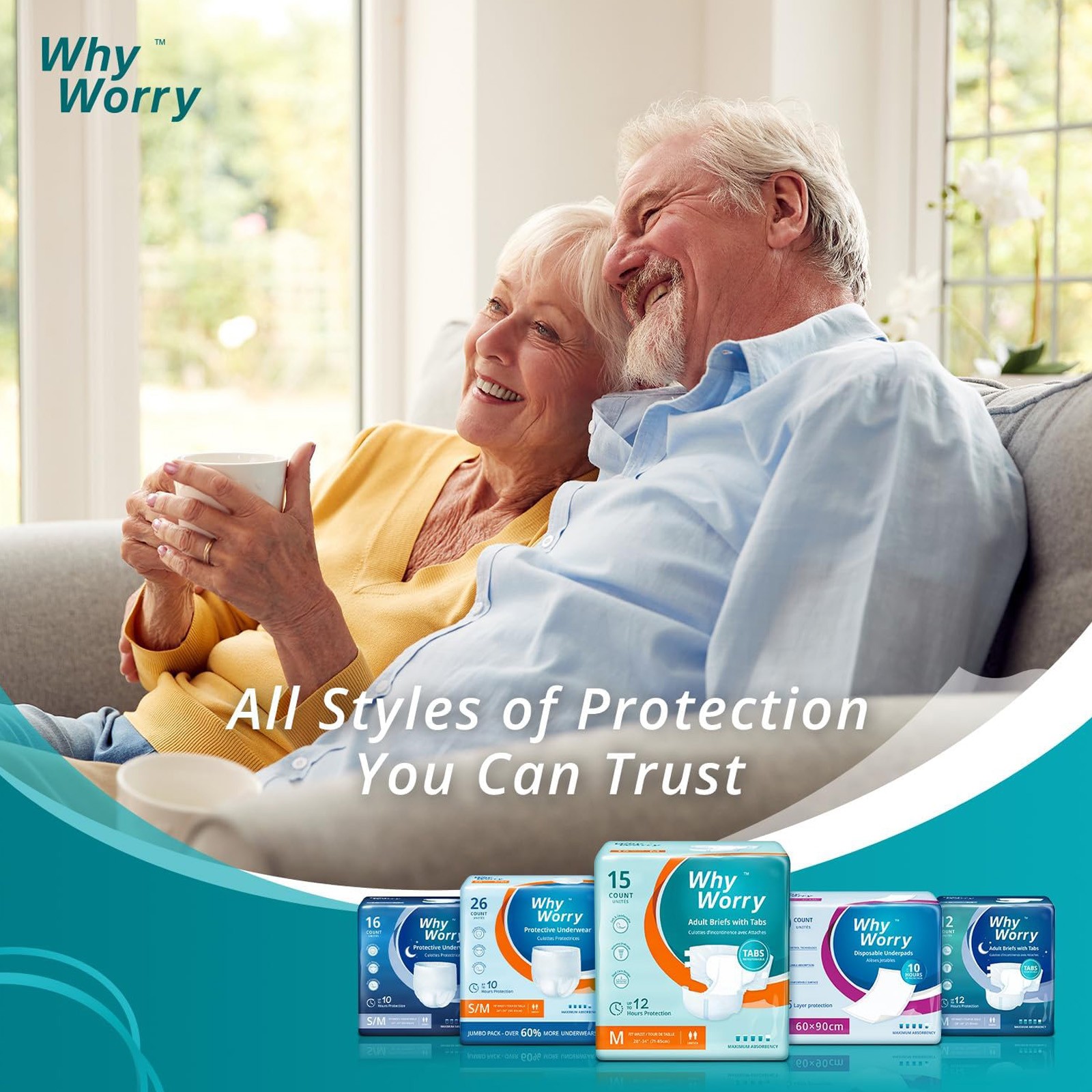WhyWorry Disposable Adult Unisex Diapers with Tabs, Max Absorb, Medium, 15 Count
