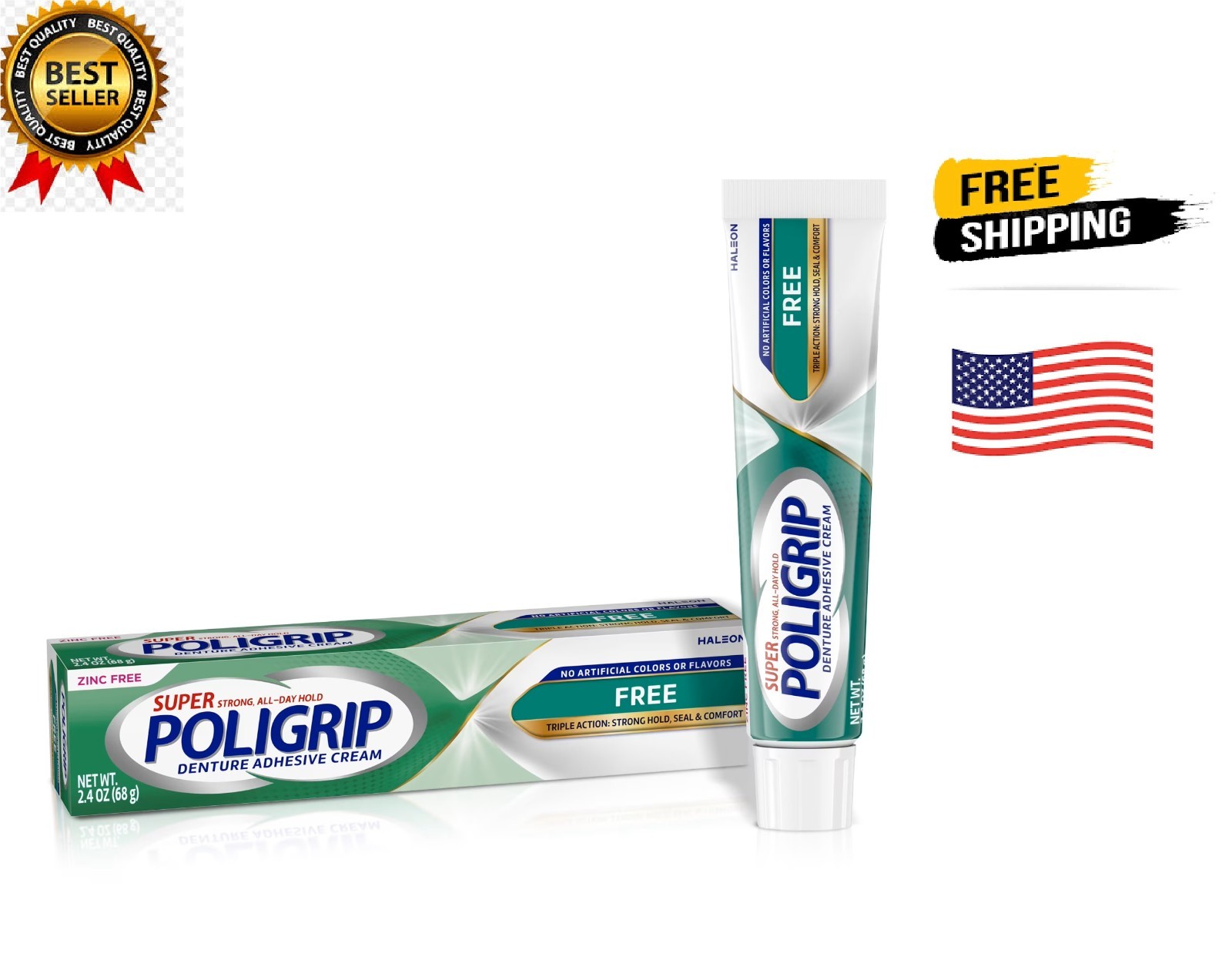 Poligrip Free Denture Adhesive Cream, Strong All-Day Hold, Food Seal, 2.4 Oz