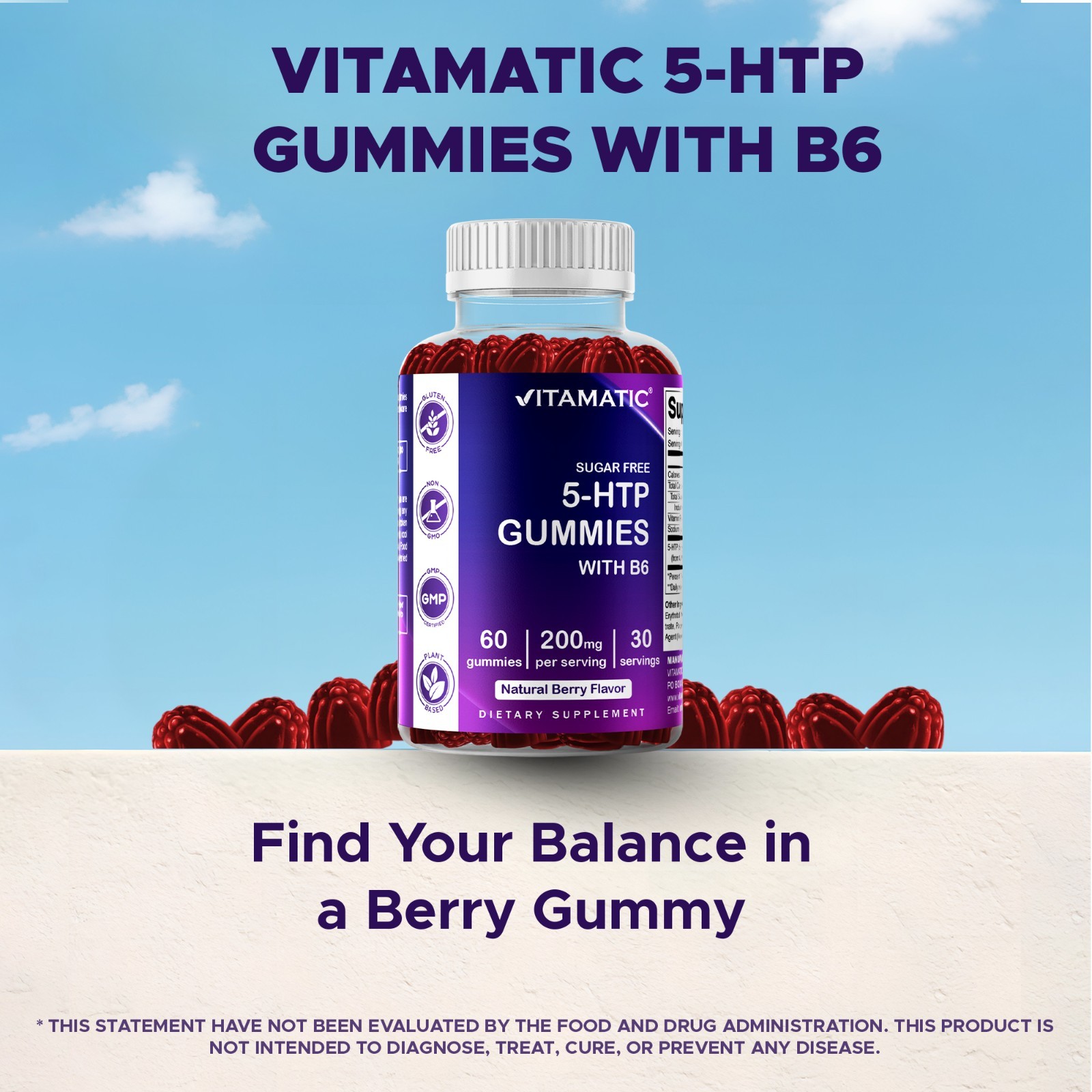 2 Pack Vitamatic Sugar Free 5-HTP 200mg Gummies with B6 per Serving – 60 Gummies