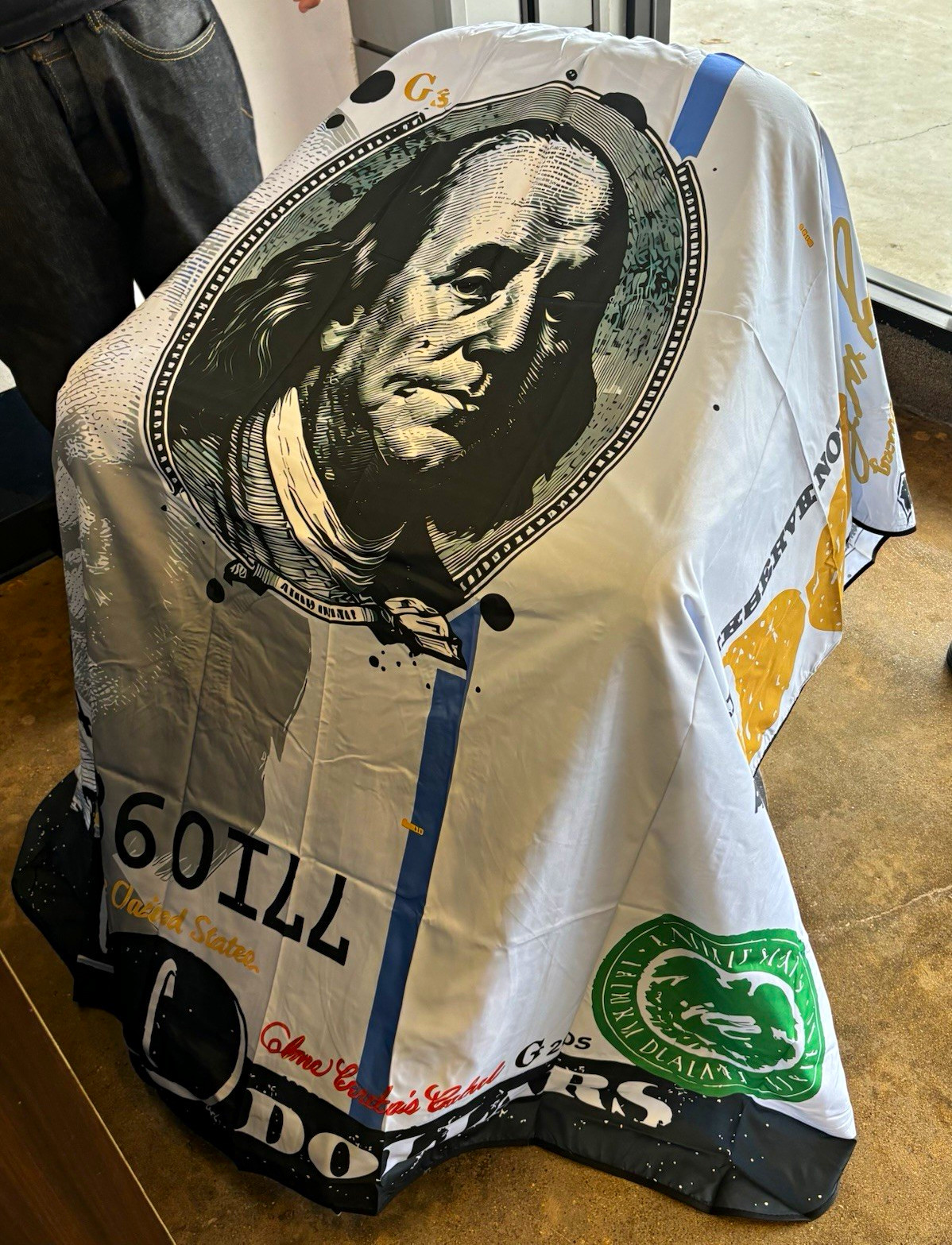 Printed Money Theme Barber/Salon Styling Cape, White Black Blue Green