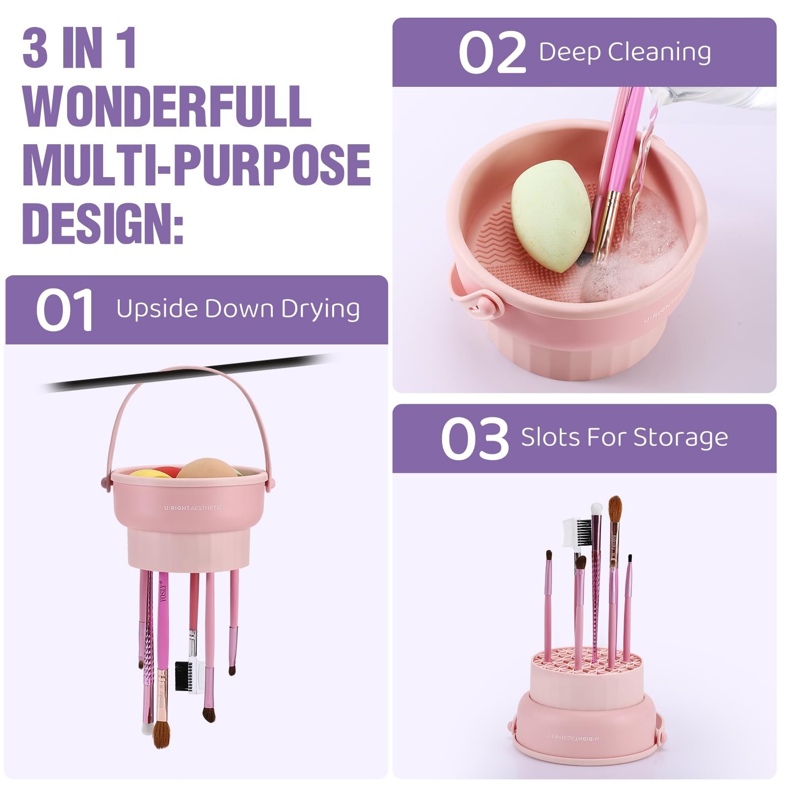 2 Pack Silicone Makeup Brush Cleaner Mat & Bowl – 3 in 1 Scrubber Tool, Pink