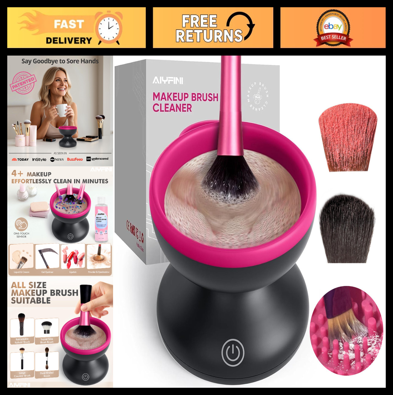 Electric Makeup Brush Cleaner Machine – Fast, Portable Washer for Brushes & Spon