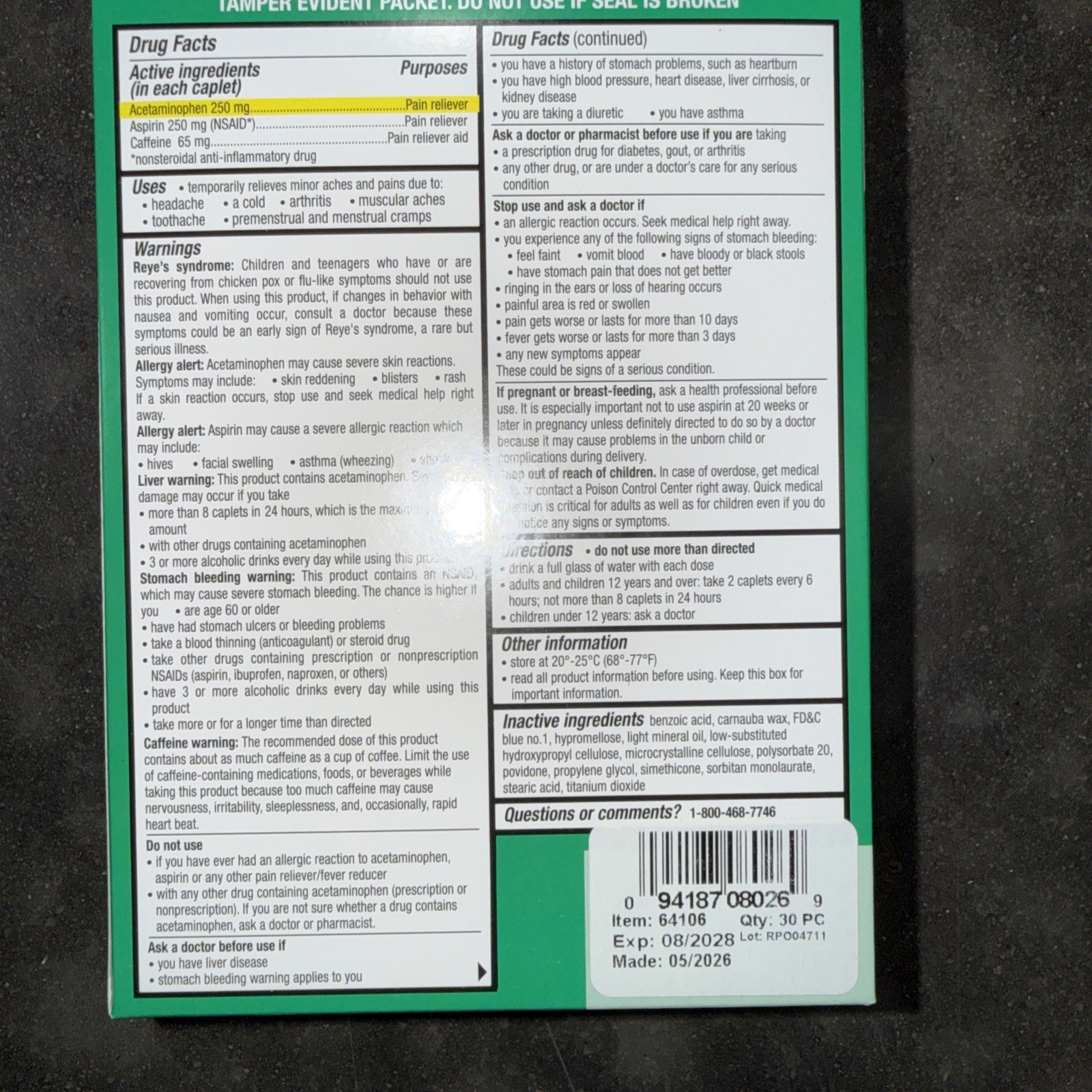 Excedrin Extra Strength for Pain Relief/ 30 Packets of 2 Caplets Exp: 12/2027
