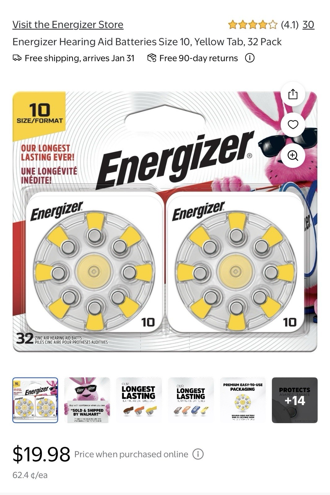 Energizer Zinc Air Hearing Aid Batteries Size 10 32 Total NEW