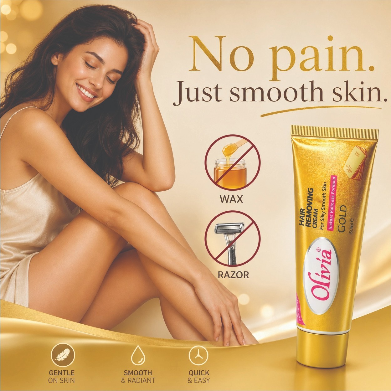Pack of 12 Olivia Gold Hair Removal Cream 50ml Pain-Free Smooth Skin Care