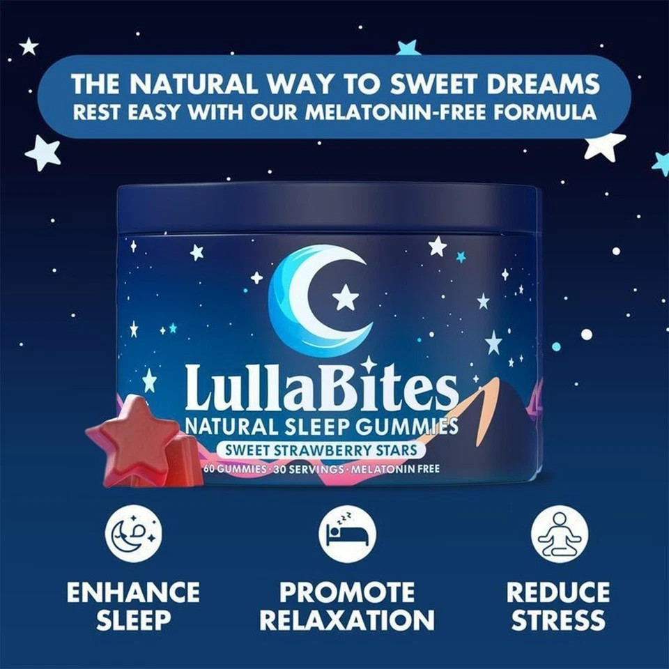NEW LullaBites Natural Sleep Gummies Strawberry Stars Flavor 60 Gummies