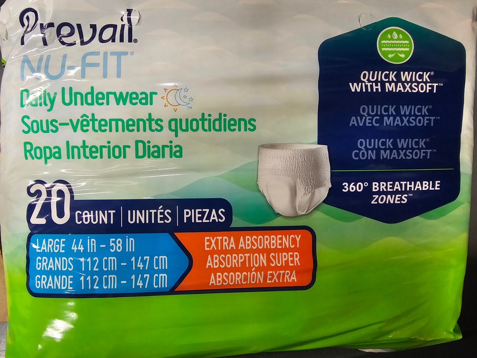 4 PACK Prevail Nu-Fit Adult Unisex Daily Underwear/Diapers – Large – Pack of 20