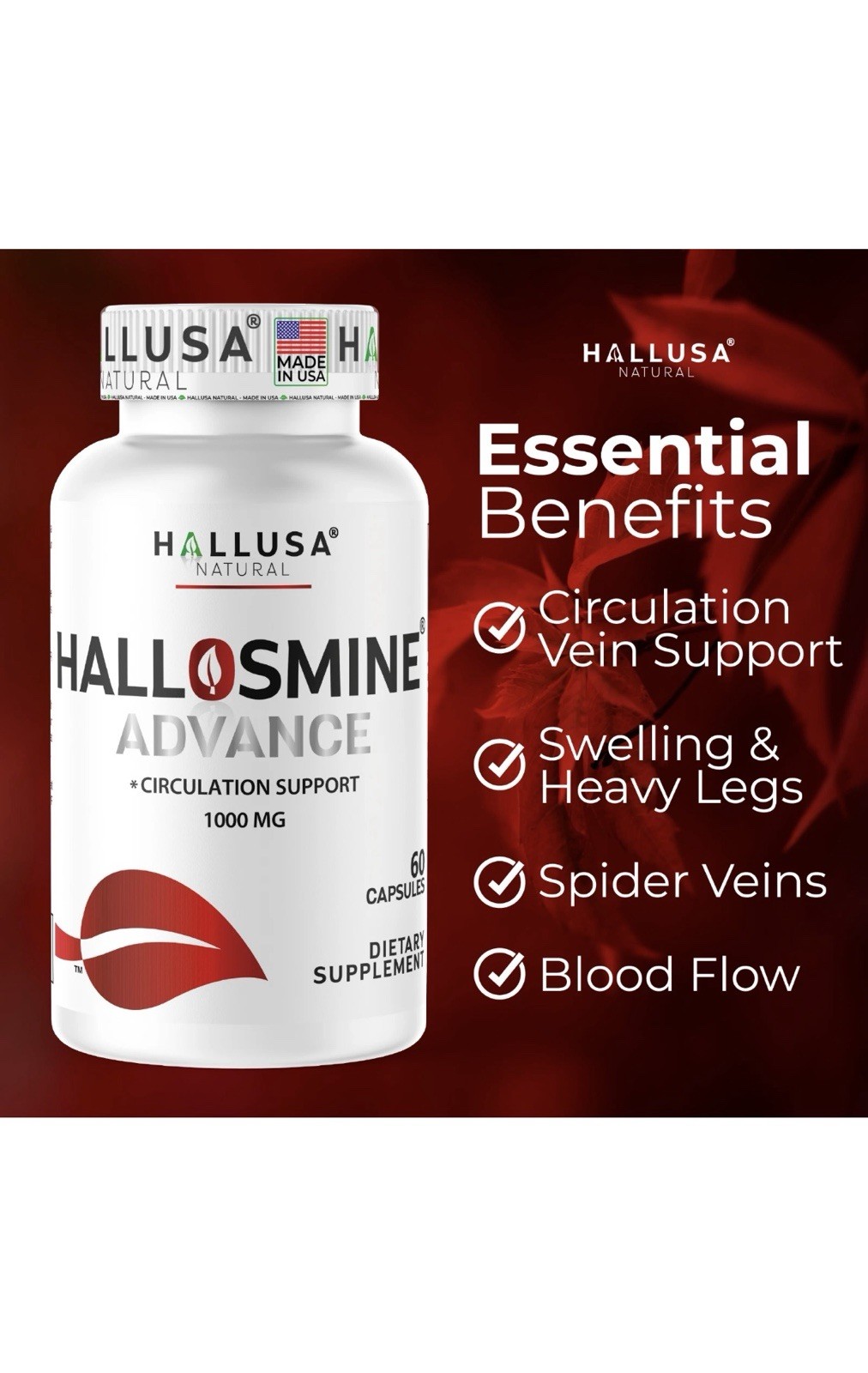 Hallusa Natural Hallosmine Advance 1000mg Diosmin 60 ct + FREE Leg Cream 4 oz