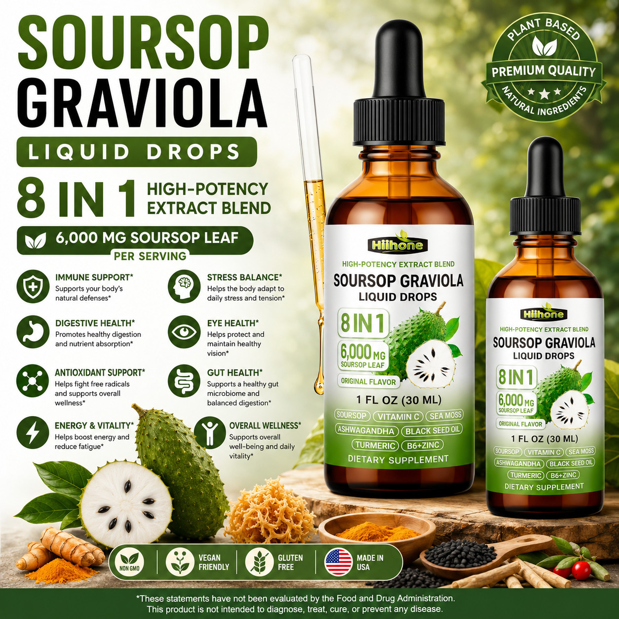 2 Pack Soursop Graviola Liquid Drops 8 in 1 Sea Moss Black Seed Ashwagandha