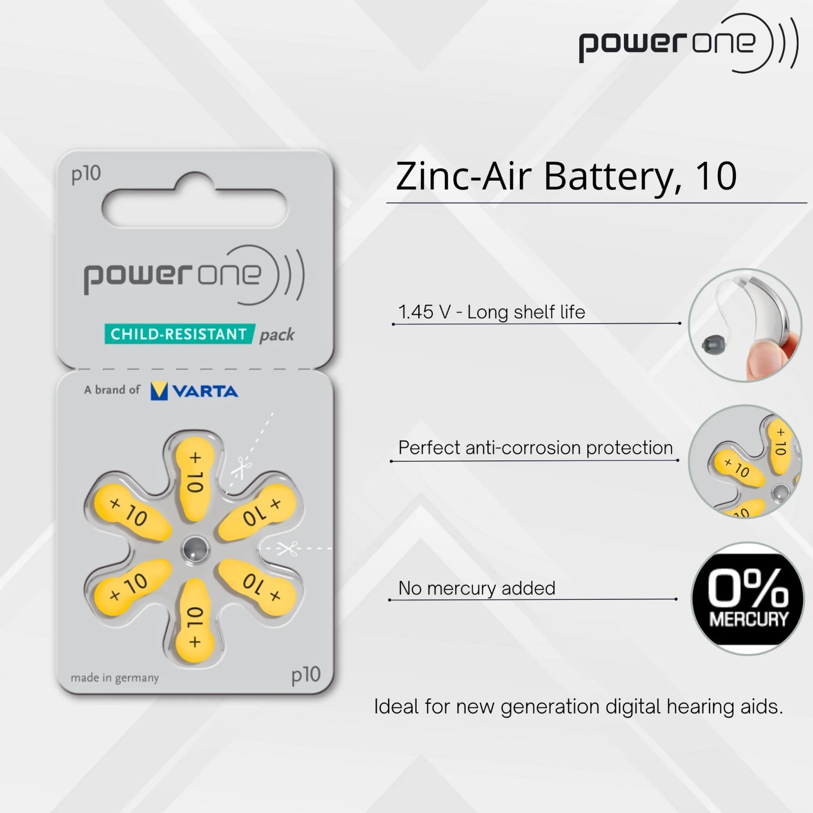 Power One Hearing Aid Batteries Yellow Size 10 Pack of 6 (60 Batteries) Exp 2025