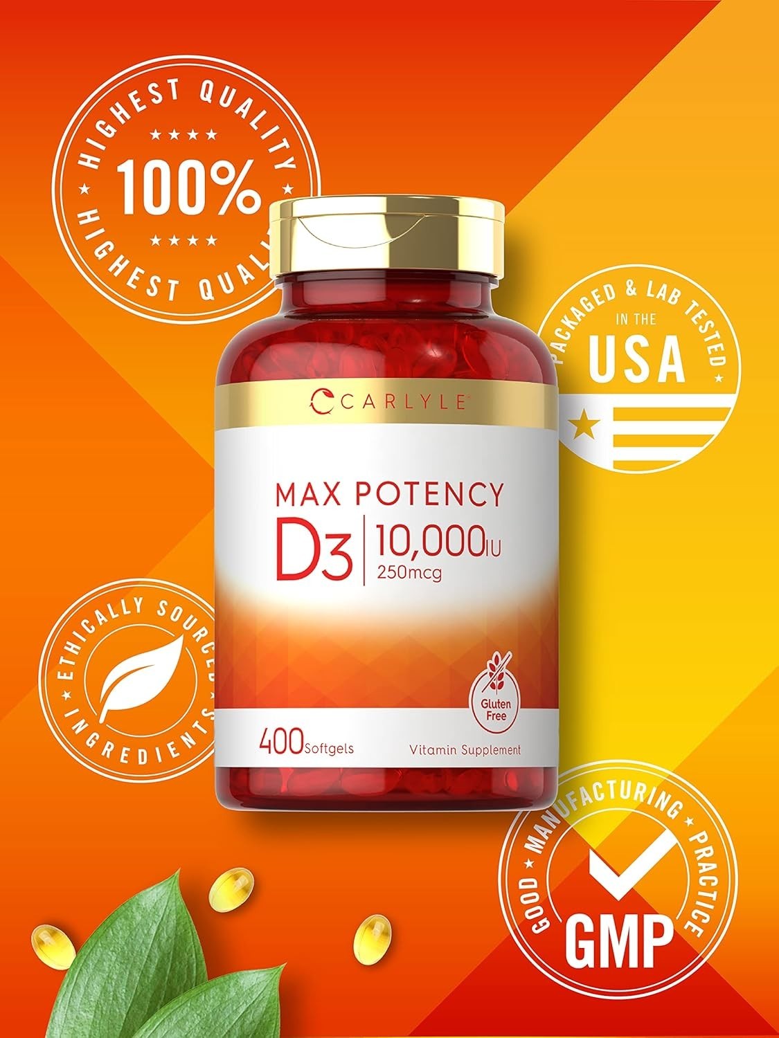 Vitamin D3 10000 IU 400 Softgels | Value Size | Max Potency | by Carlyle