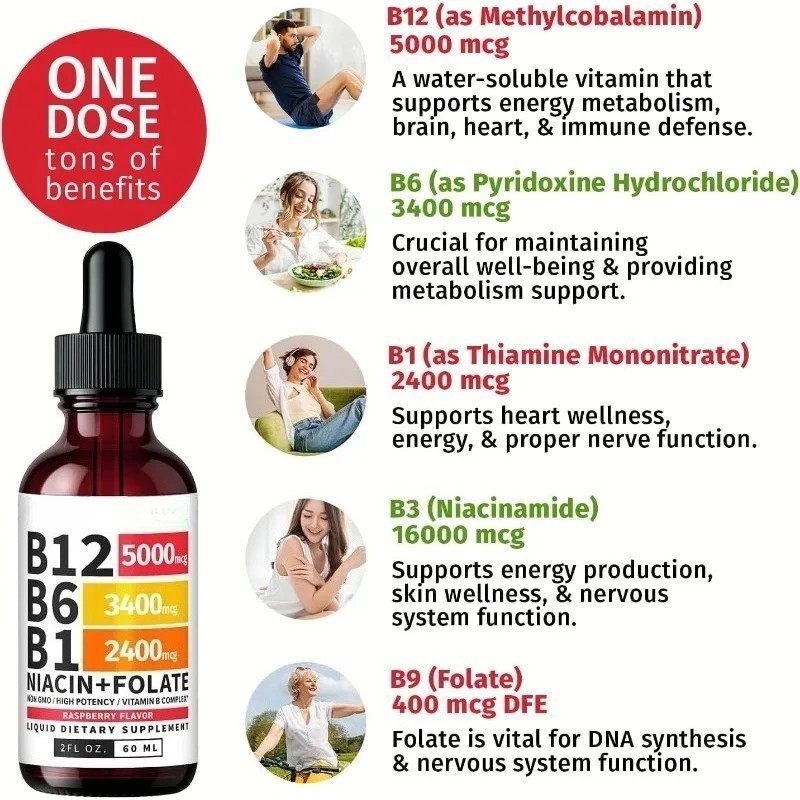 2-Bottles Vitamin B12 and B6 Liquid Drops B12 Complex – B1 Sublingual Vitamin B