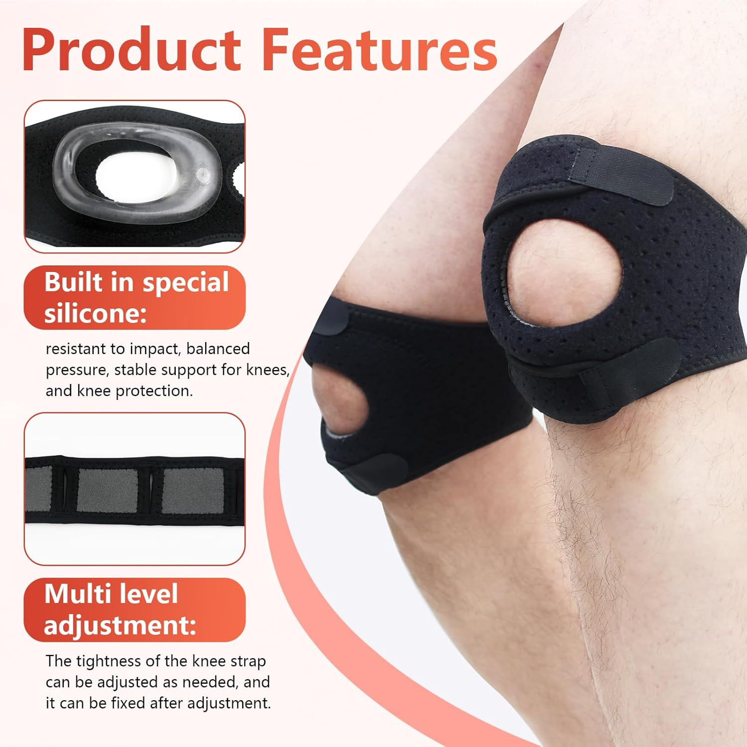 2Pcs Knee Brace, Patellar Pad Realign Knee Joint While You Move, Adjustable Tend