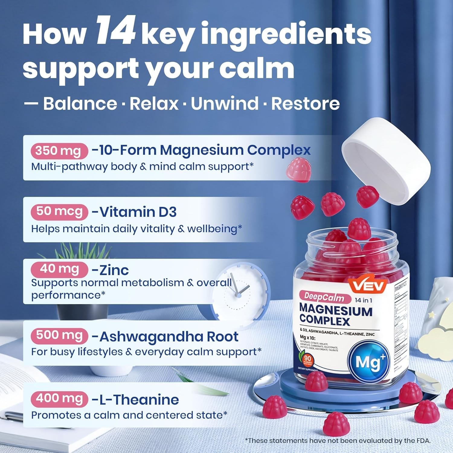 VEV DEEP CALM MAGNESIUM COMPLEX BRAND NEW SEALED GUMMY 14 IN 1 #90 GUMMIES