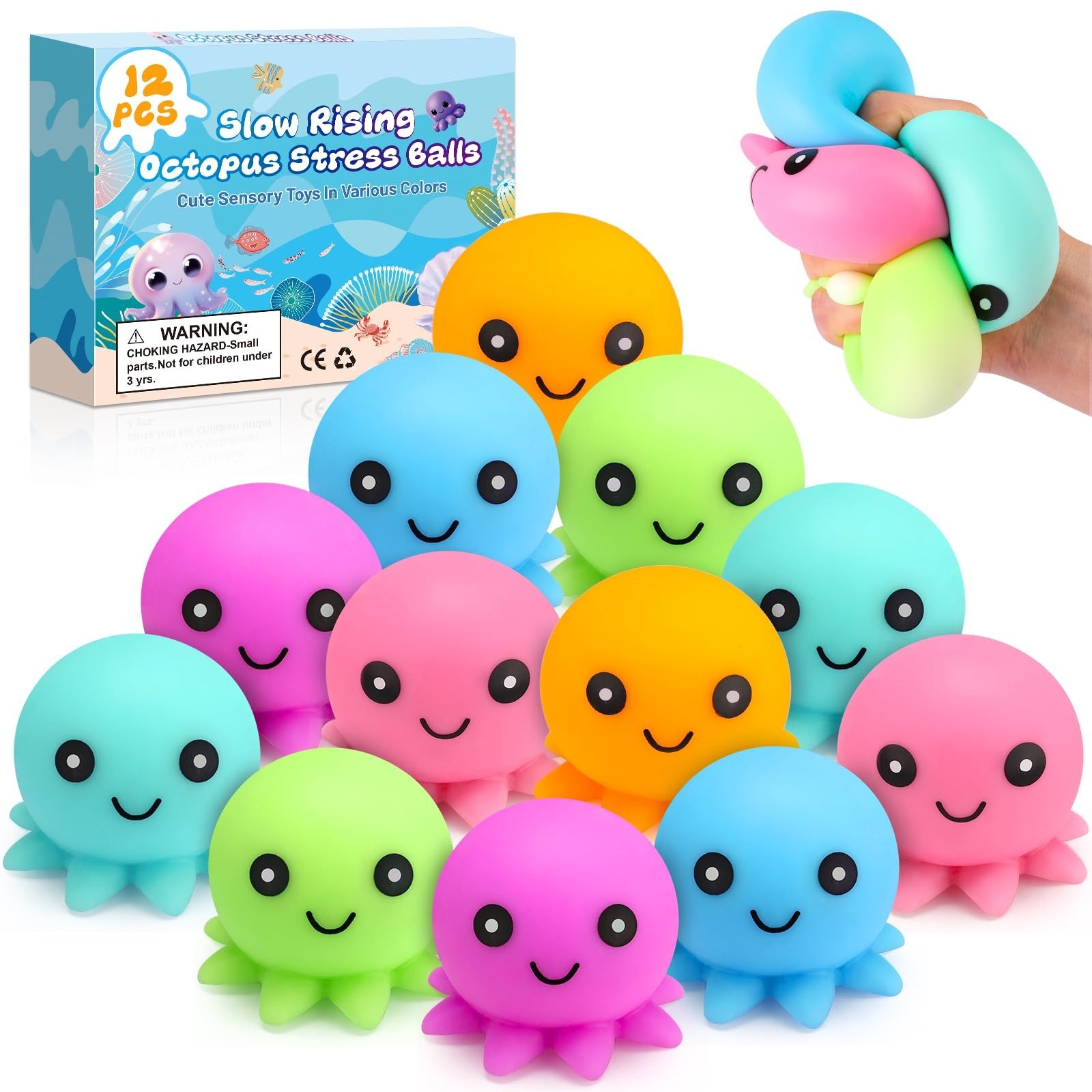 12 Pack Cute Octopus Stress Balls – Fidget Toys, Squishy Squeeze Balls, Party Fa