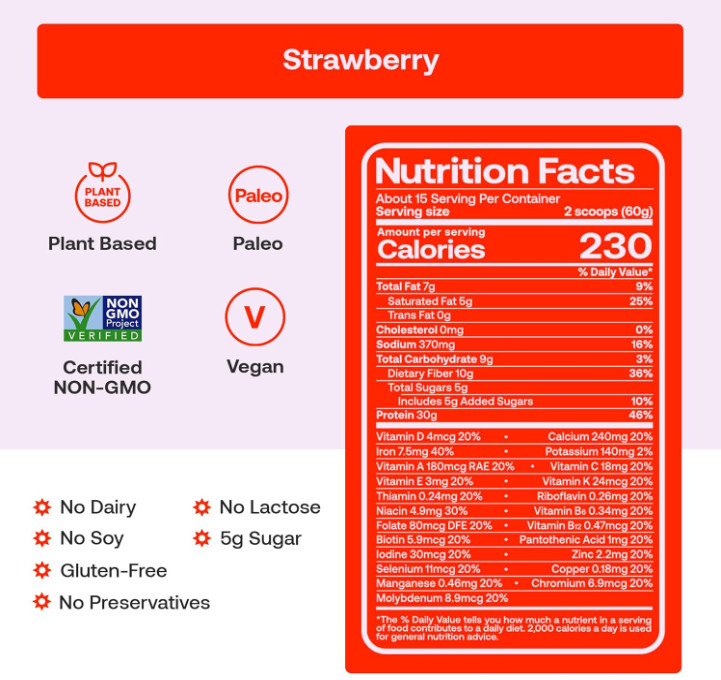 Happy Viking Plant-Based Protein Shake, Strawberry, 15 Meals, 30g Protein
