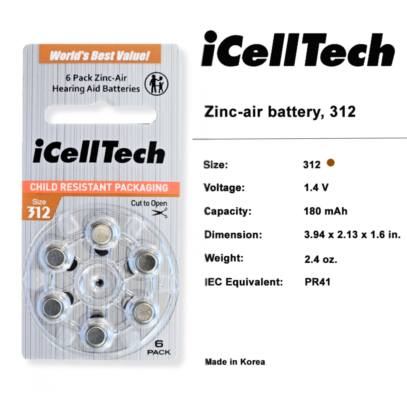 iCellTech Size 312 Hearing Aid Batteries PR41 Zinc Air 1.45V (60 Pack)