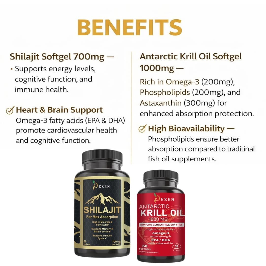 DEZEN Himalayan Shilajit & Krill Oil Softgel Combo with Omega 3