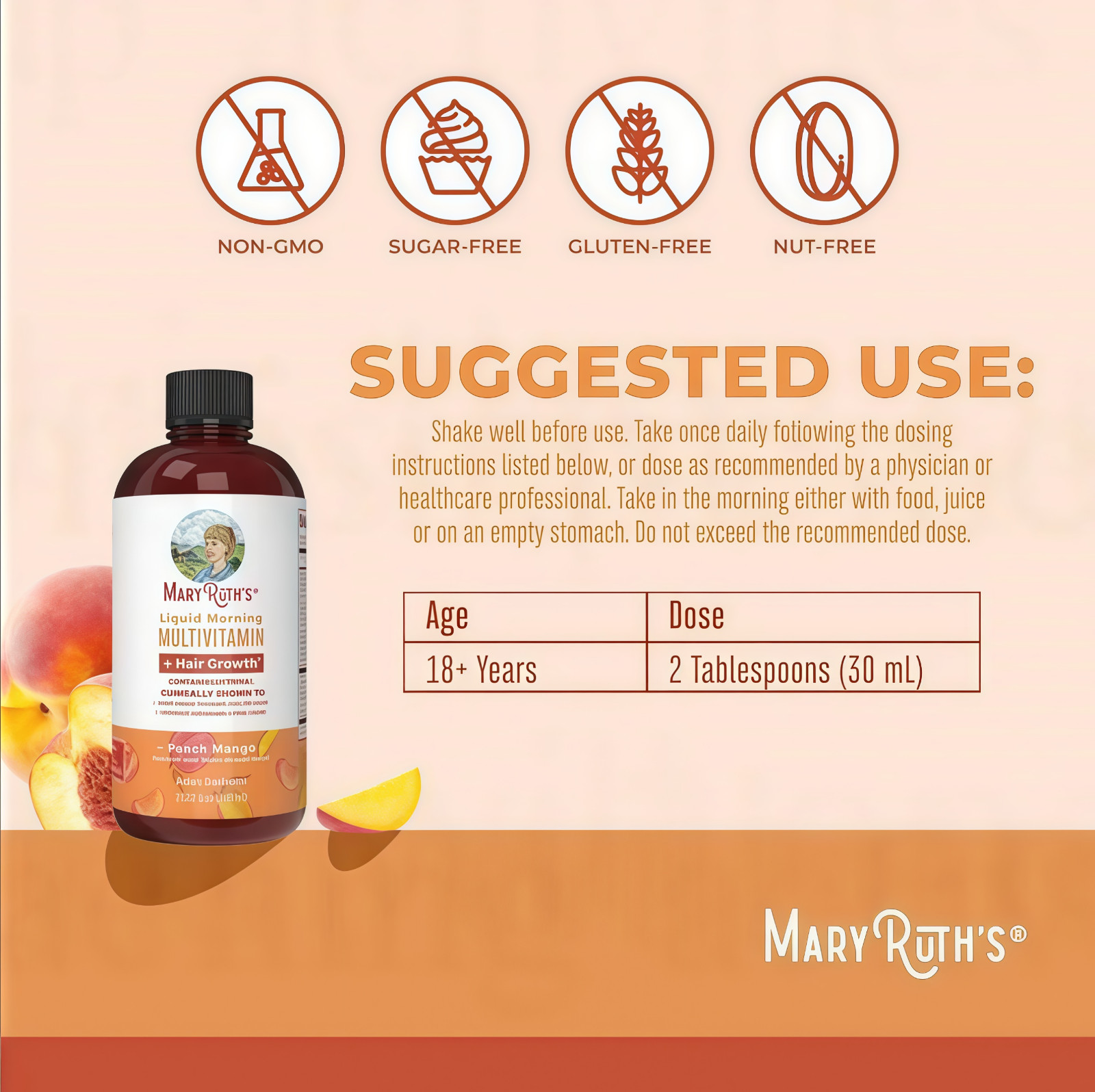 Mary Ruth’s Multivitamin + Hair Growth | 3 Pack | Peach Mango 15.22 oz brand…