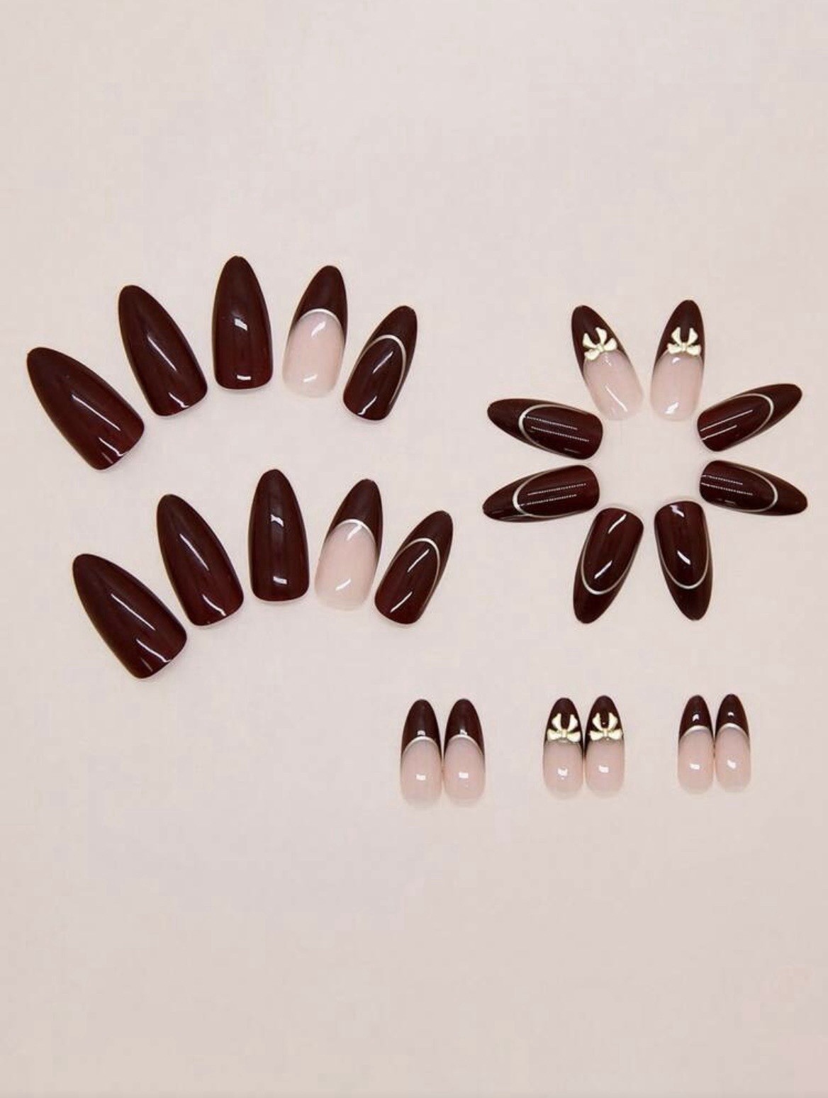 24pcs Medium Almond Press-On Nails Vintage Red/Gold Line French Y2K w/ Bow Decor