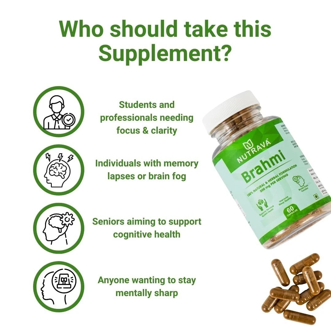 Nutrava Brahmi Capsules 500mg Ayurvedic Brain Tonic for Focus, Memory For Unisex