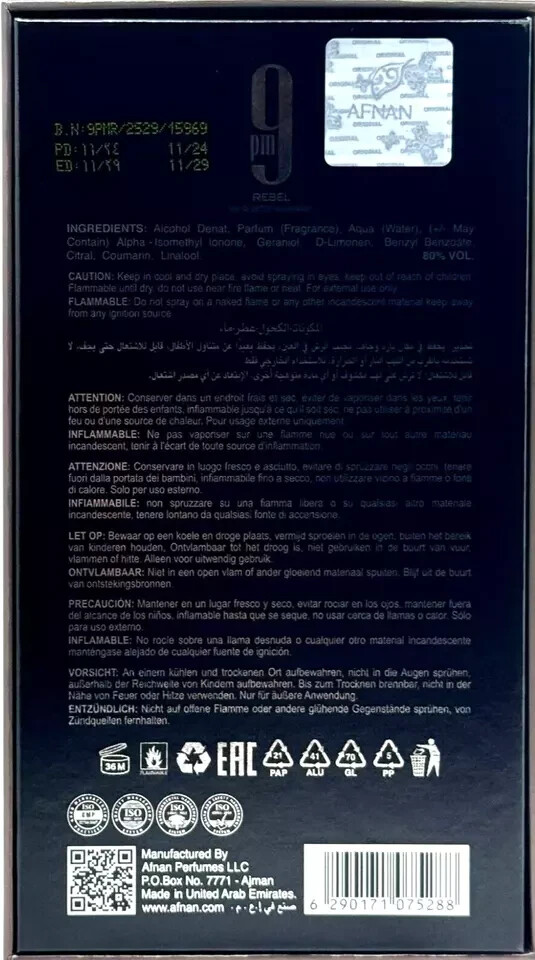 Afnan 9 PM Rebel Eau De Parfum Spray For Men 3.4 Oz / 100 ml Brand New!!!