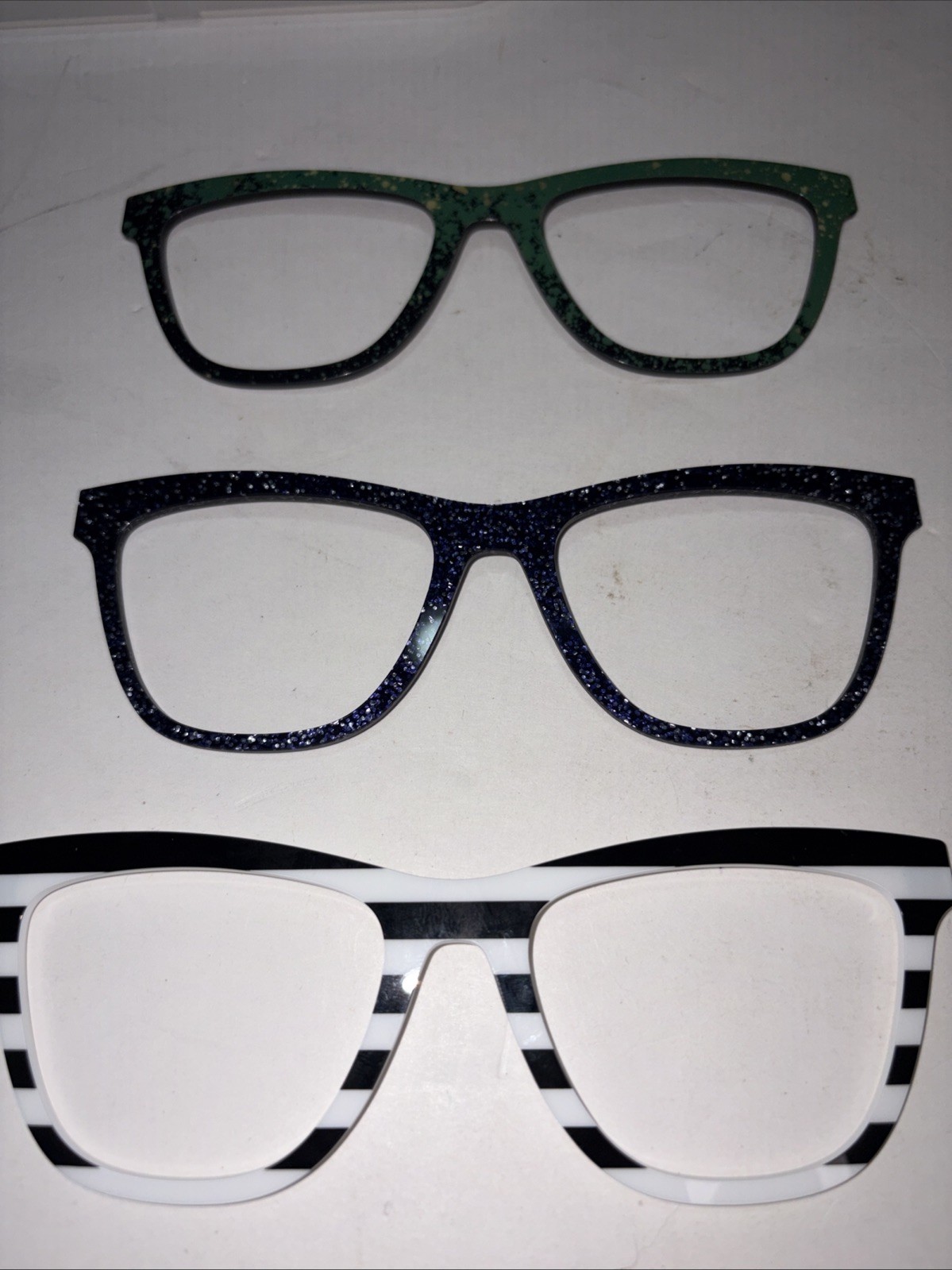 3 Pair eyewear toppers Harper Purple White Black Strip Green Black W/case