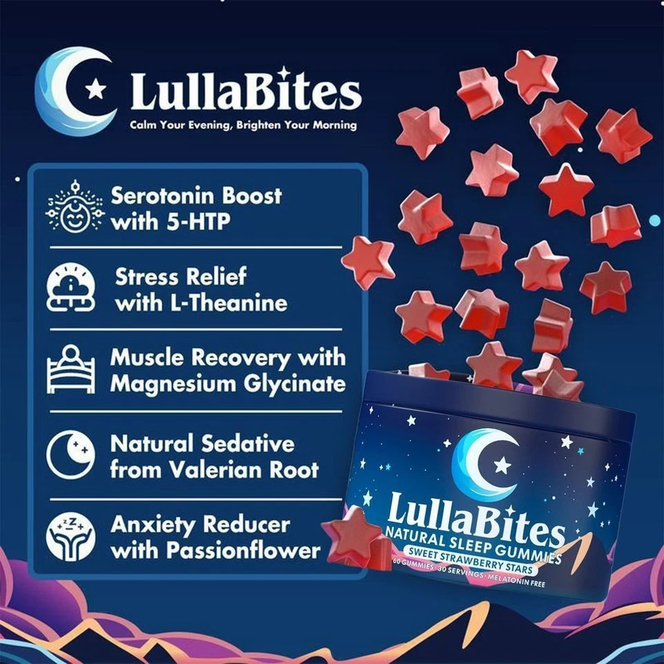 NEW LullaBites Natural Sleep Gummies Strawberry Stars Flavor 60 Gummies
