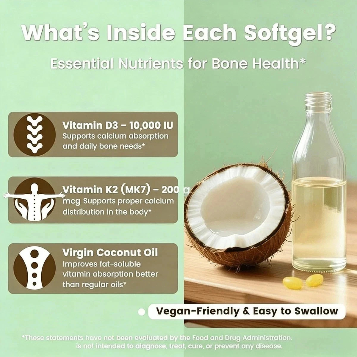 D3 K2 10000 IU + Coconut Oil 300 Softgels Immune & Bone Support