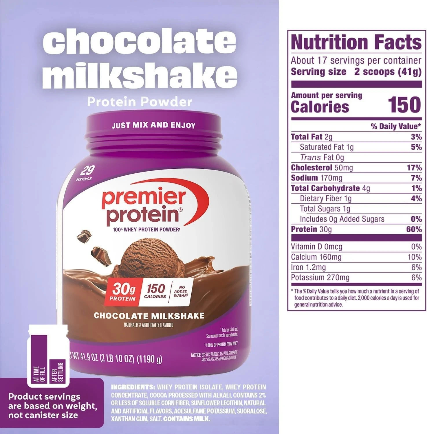 Premier Protein Powder, Chocolate Milkshake, 30g Protein, 1g Sugar, 41.9oz