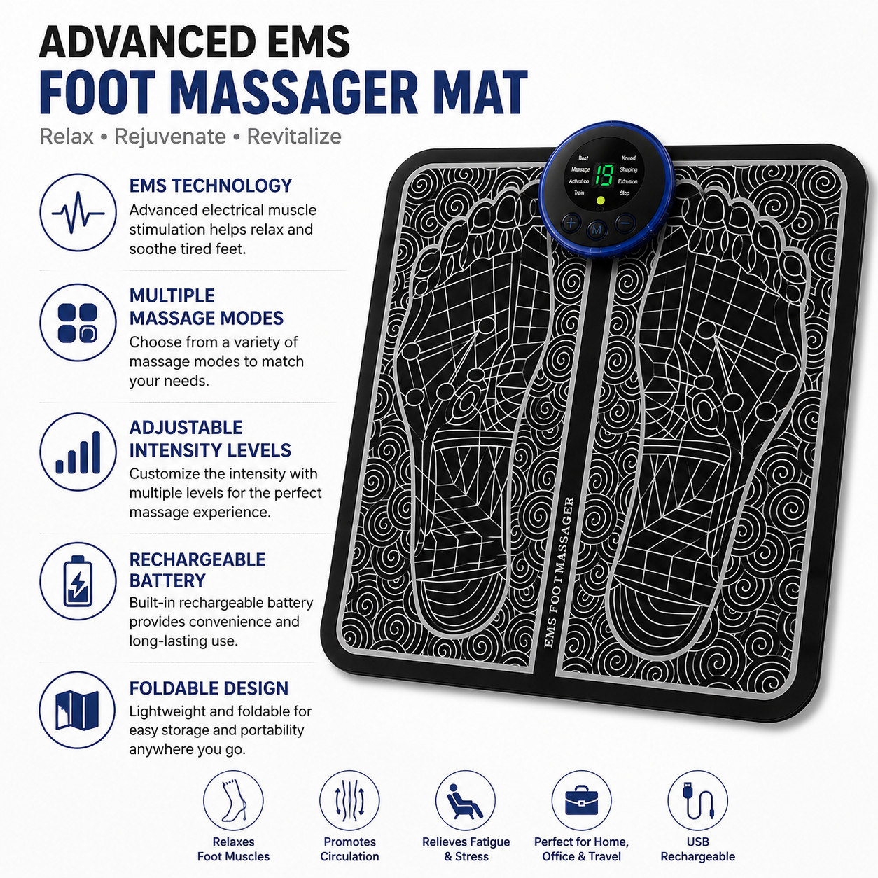 EMS Foot Massager Mat Foot Stimulator Pad Circulation Relaxation Pain Relief USB