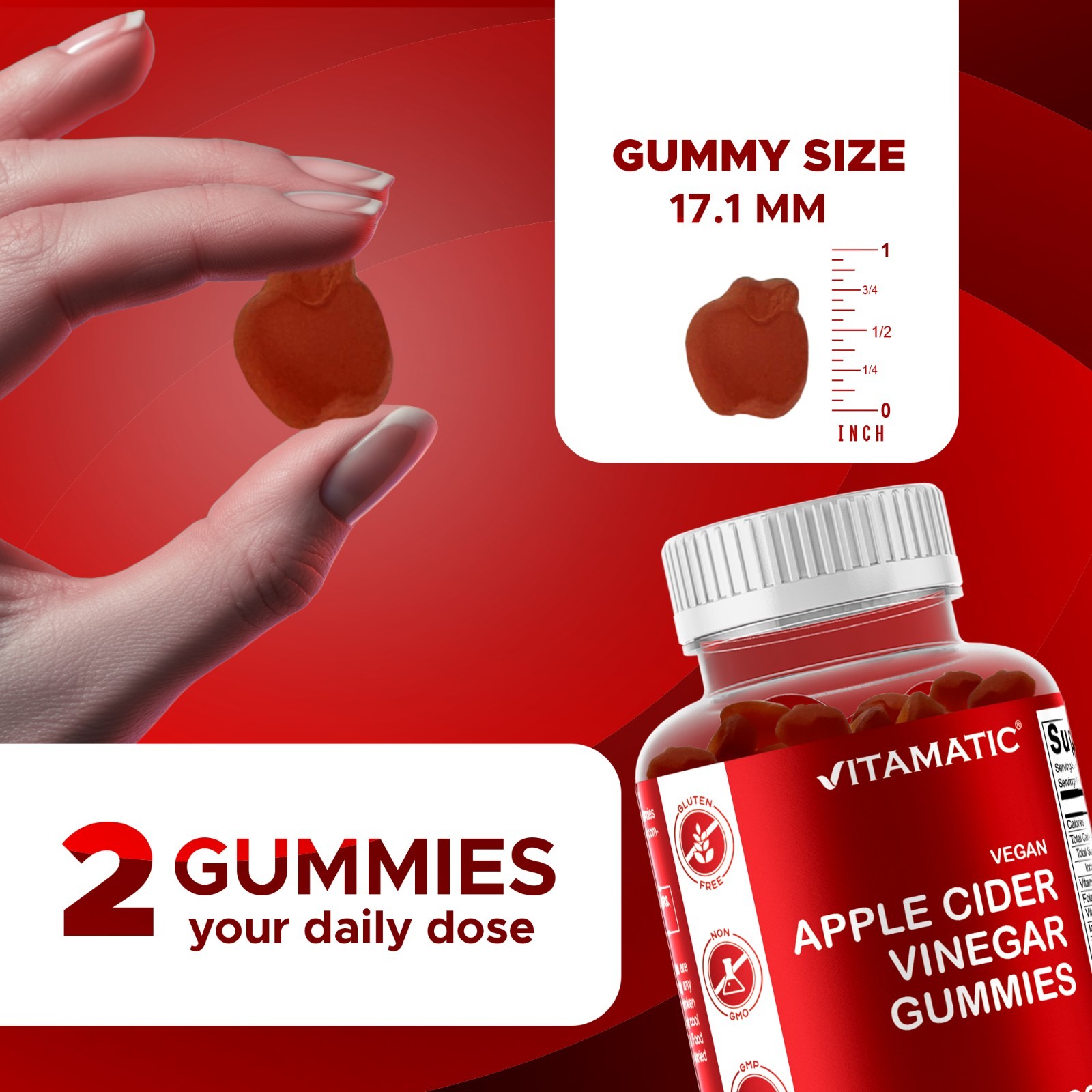 2 Pack Vitamatic Apple Cider Vinegar Gummies 1000mg per Serving – 60 Veg Gummies