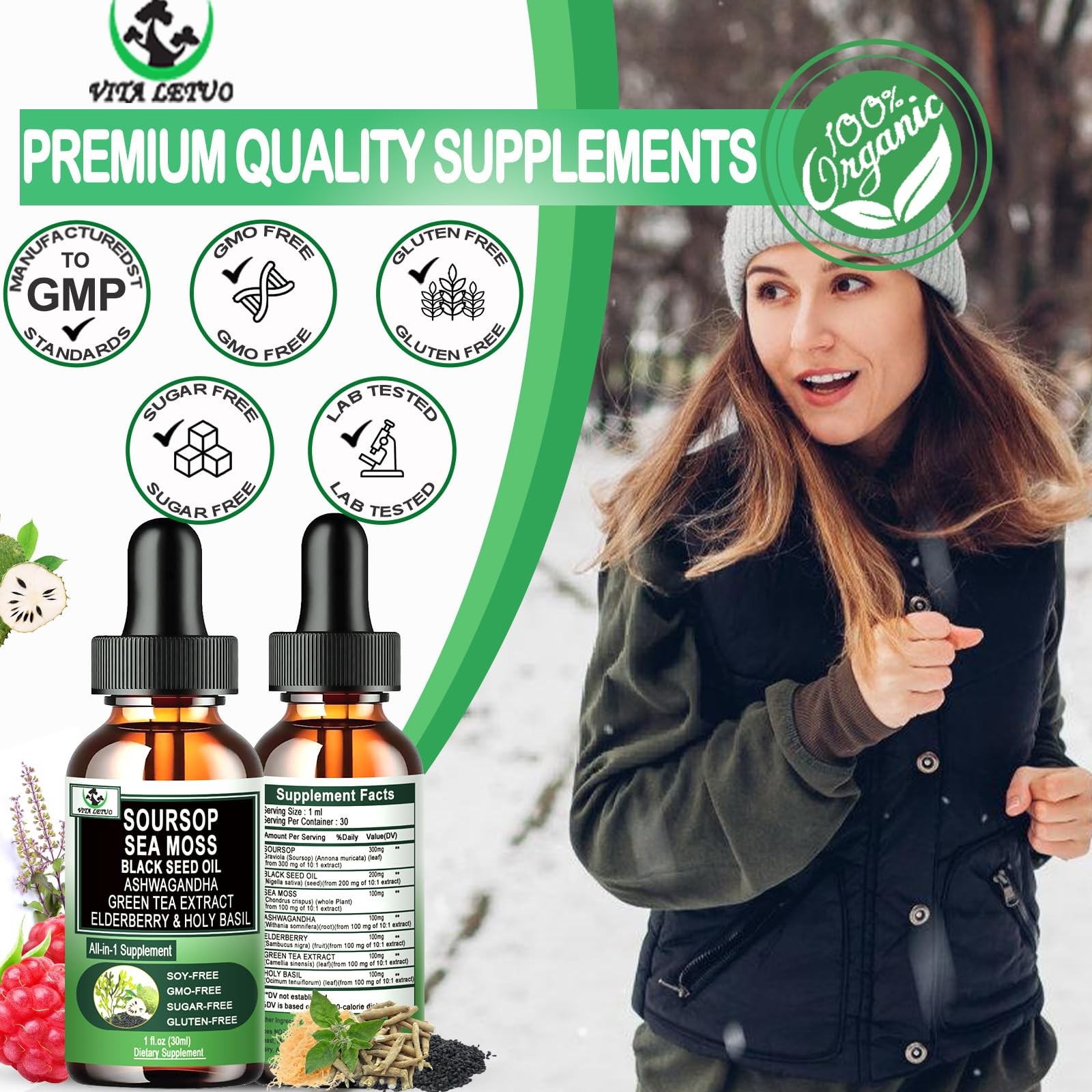 Soursop Drops,Soursop Bitters Liquid with Sea Moss Black Seed Oil Green Tea Extr