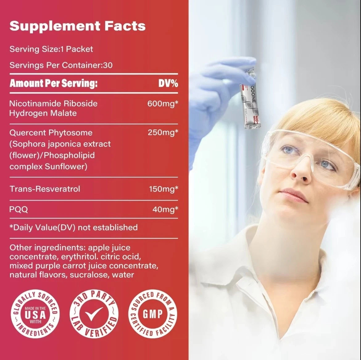 ZOOONE 1000mg NAD+ Berry Drink Mix 30 Pack Anti-Aging Energy Focus Support