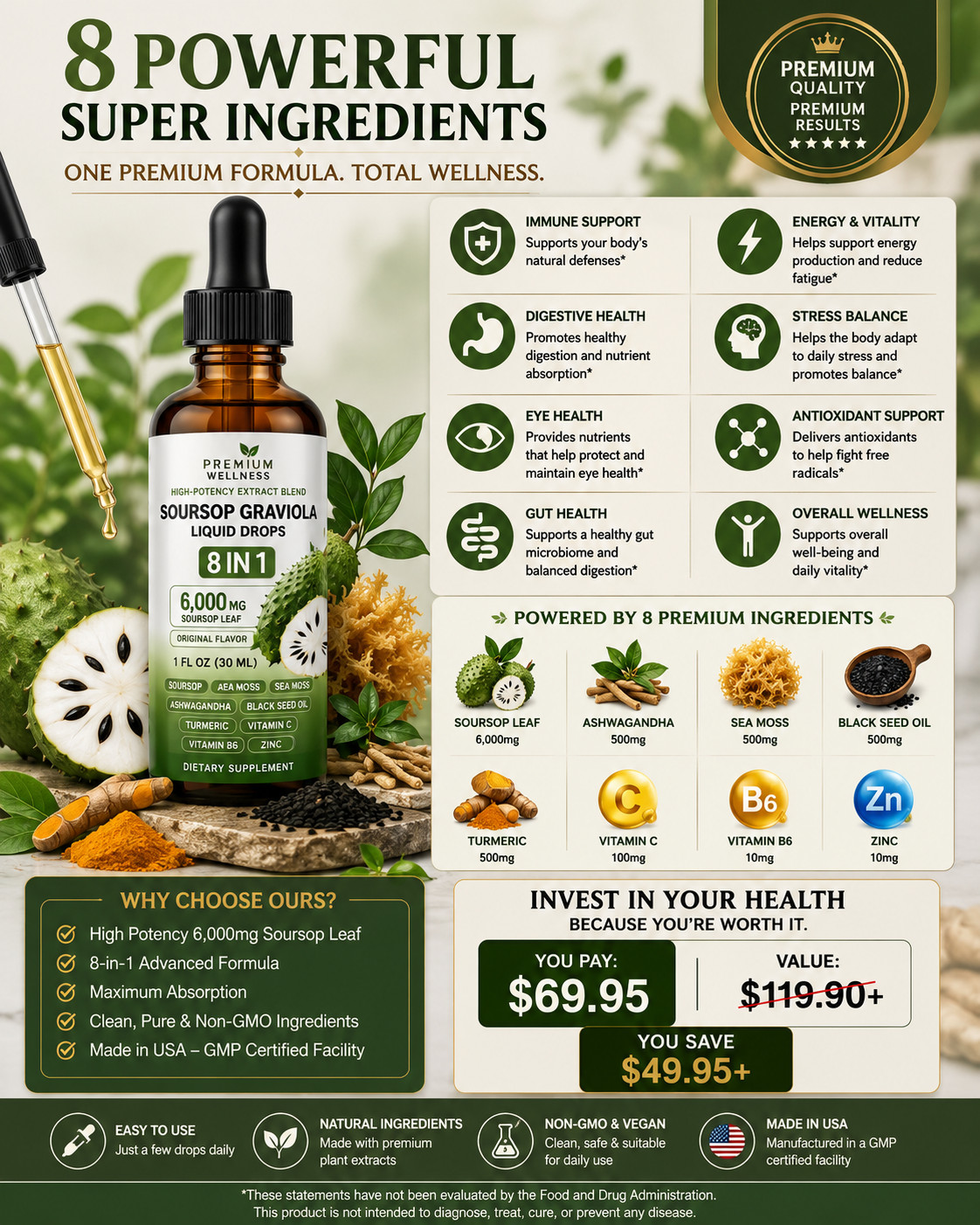 2 Pack Soursop Graviola Liquid Drops 8 in 1 Sea Moss Black Seed Ashwagandha