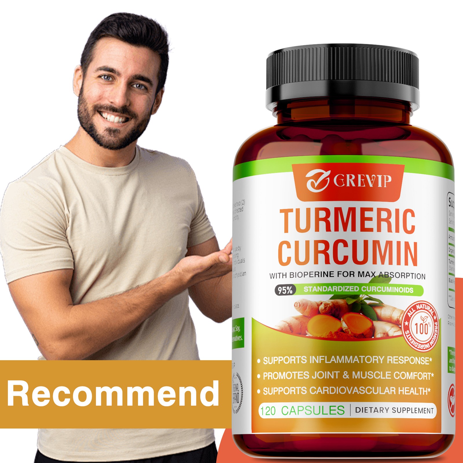 Turmeric Curcumin Supplement 120pcs – Improves Digestion and Absorption, Non-GMO