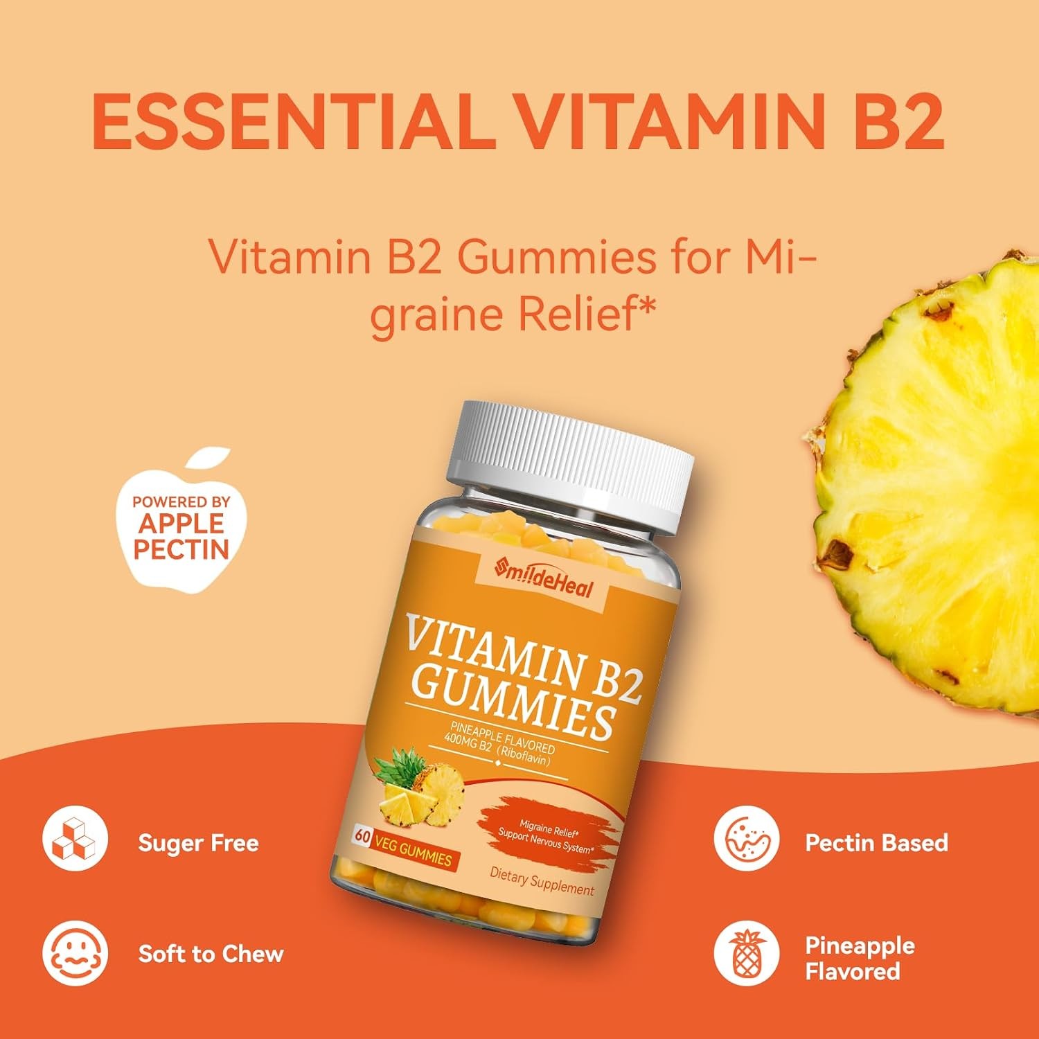 Vitamin B2 Gummies Riboflavin 400mg Supplement with Magnesium for Adults