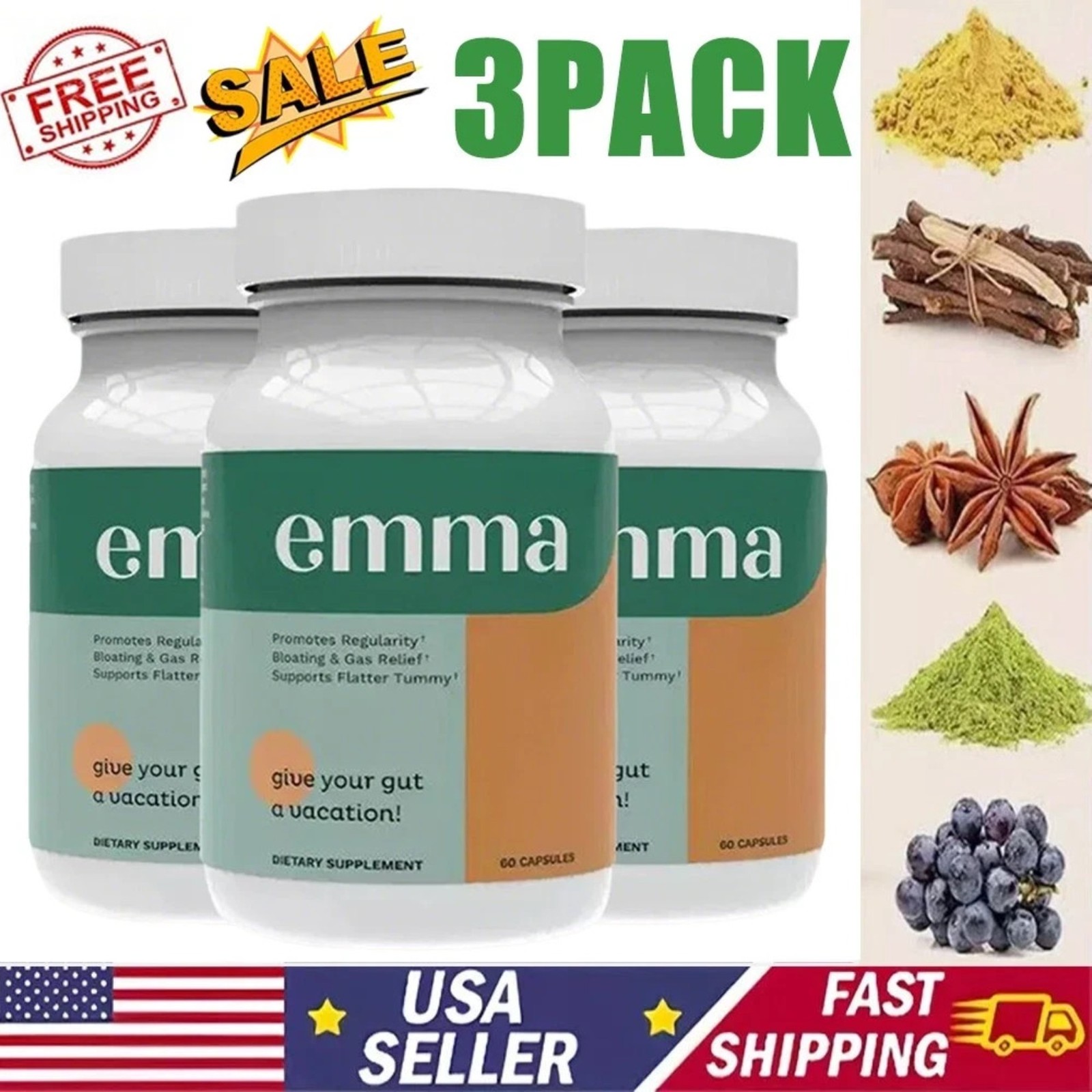3- Pack Gut Health Supplement 180 Capsules for Bloating Relief & Leaky Gut