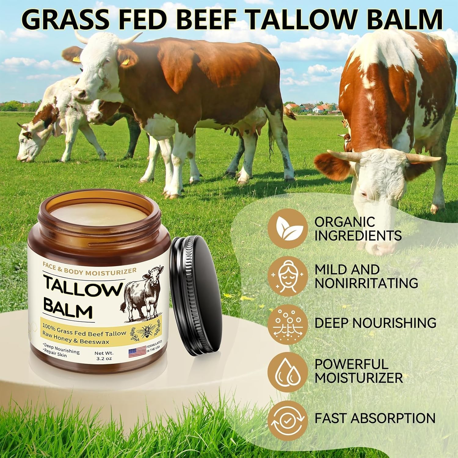 Veakoo Beef Tallow for Skin, Organic Whipped Tallow and Honey Balm, Grass Fed…