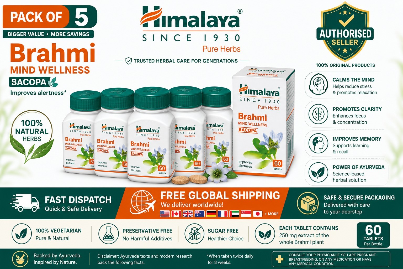 (Pack of 5) Himalaya Brahmi for Improved Alertness & Focus 300 Tablets free ship