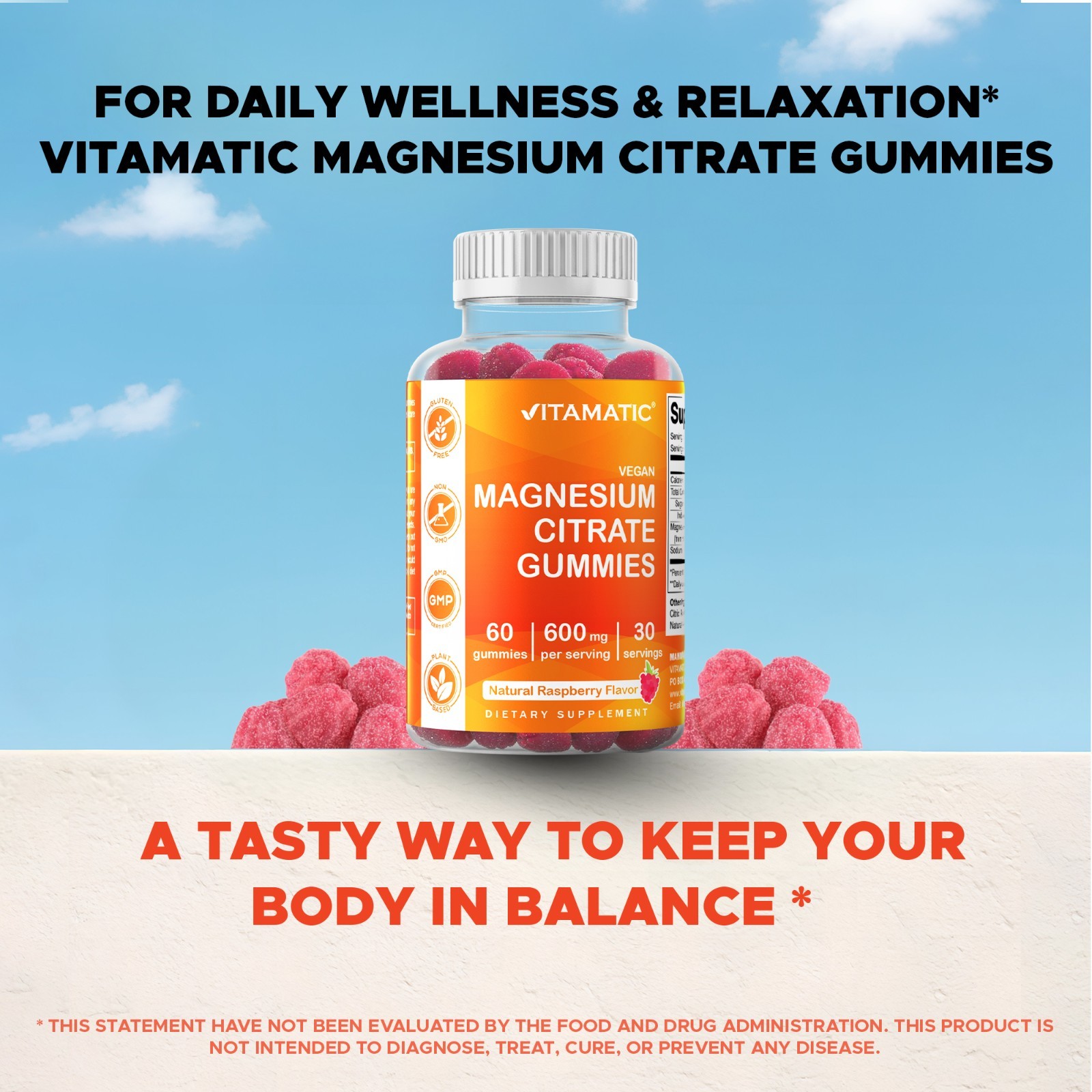 2 Pack Vitamatic Magnesium Citrate Gummies 600mg per Serving – 60 Vegan Gummies