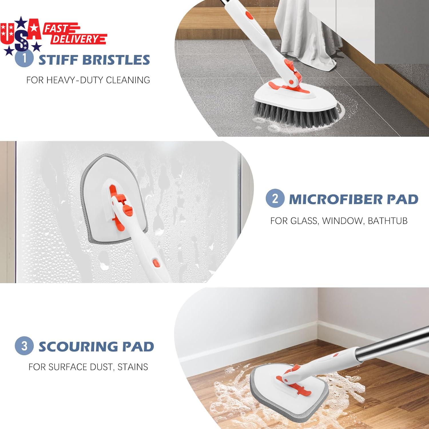 Tile Tub Scrubber Brush 3-In-1 Shower Scrubber with 52-Inch Adjustable Long Hand