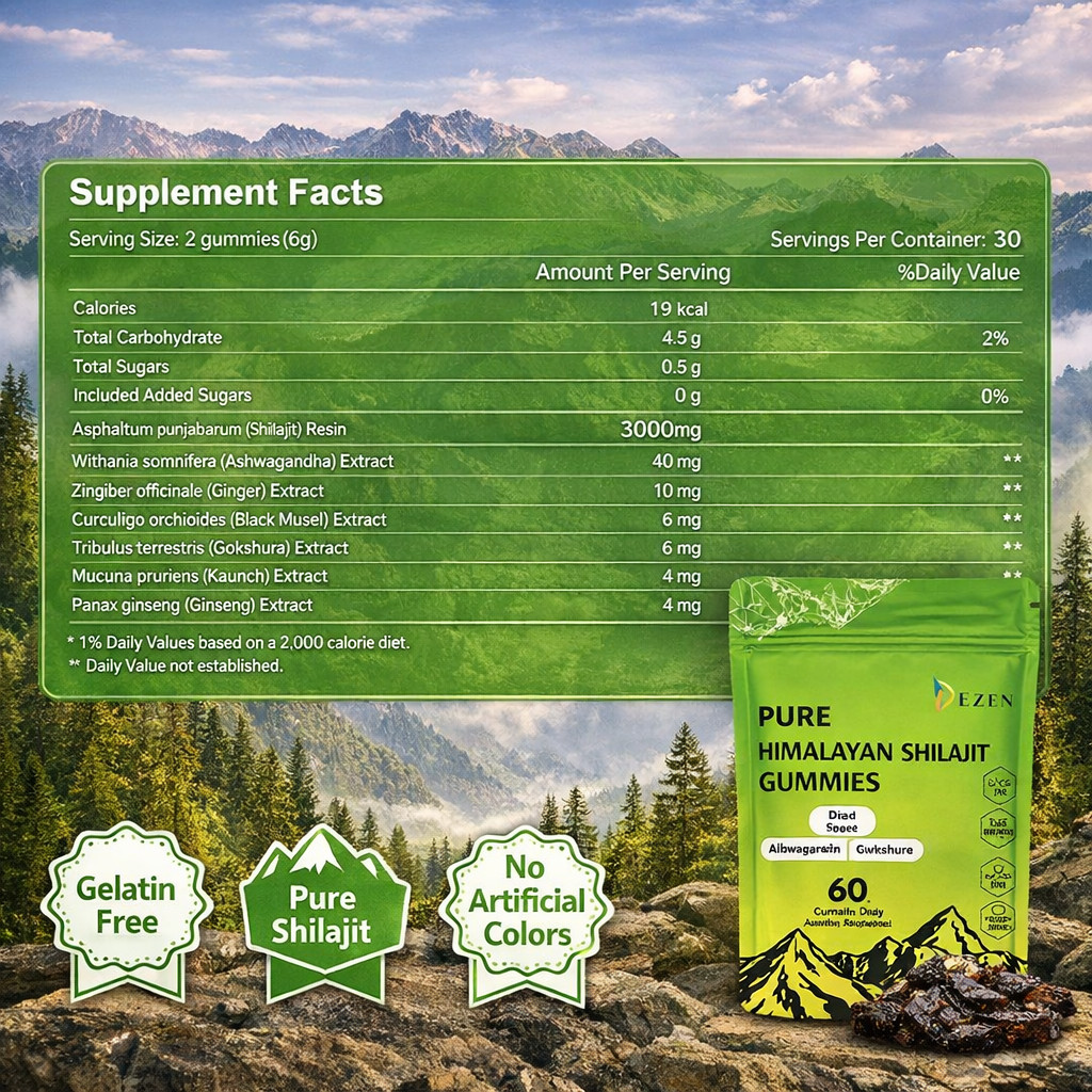 DEZEN Pure Himalayan Shilajit Gummies 3000mg with Ashwagandha 60 Count 180g