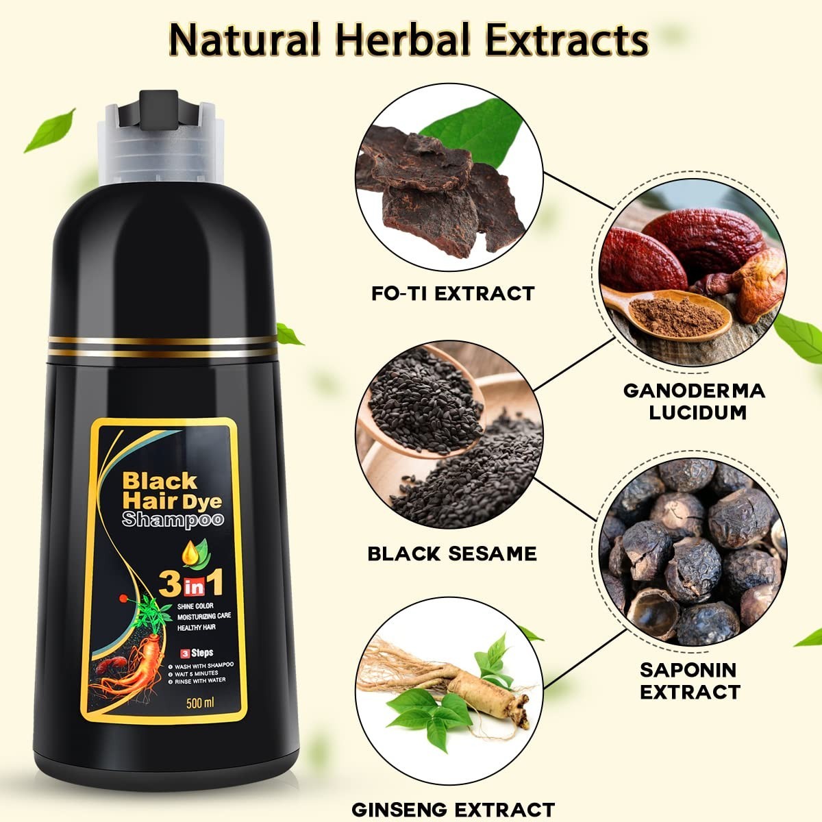 Black Hair Dye Shampoo 3 in 1 Semi Permanent Hair Color Shampoo for Gray Hair