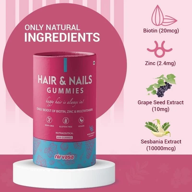 Nirvasa Hair & Nail Gummies with Biotin Helps Keep Hair, Nail, Skin Healthy