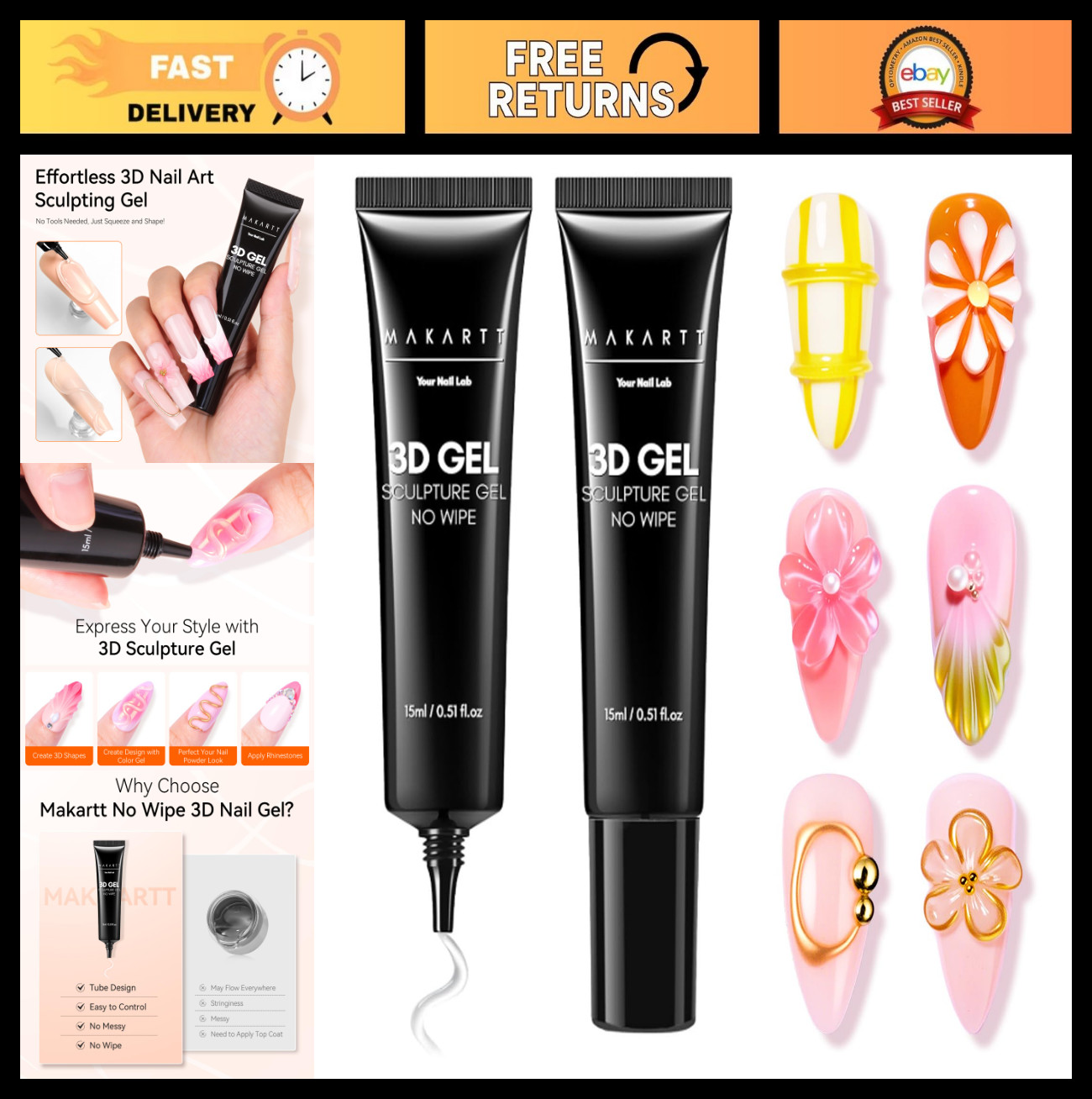 3D Gel Nail Art Kit – 2 Pcs 15g No Wipe Molding Gel for DIY Nail Decoration