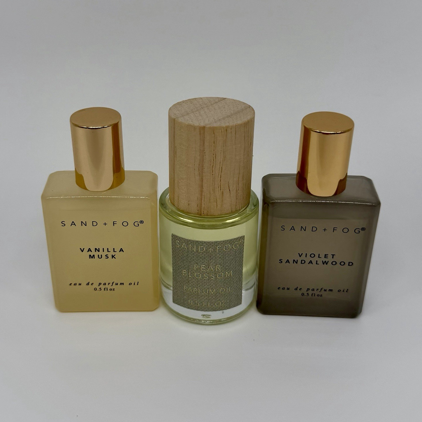 SAND+FOG Perfume Oil 0.5 fl oz Vanilla Musk/Pear Blossom/Violet Sandalwood lot